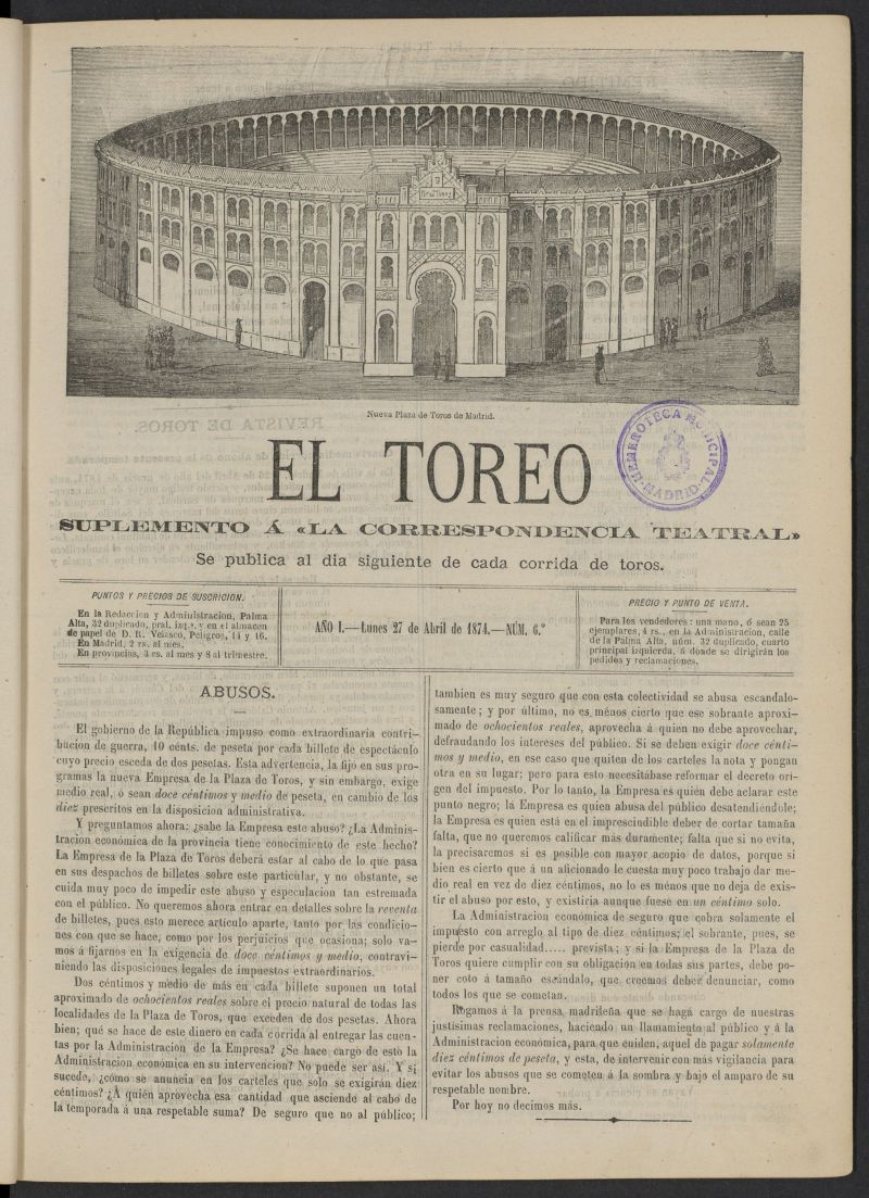 El Toreo: suplemento a "La Correspondencia Teatral" del 27 de abril de 1874, n 6