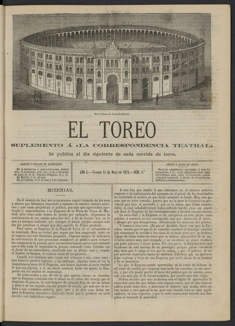 El Toreo: suplemento a "La Correspondencia Teatral" del 15 de mayo de 1874, n 8
