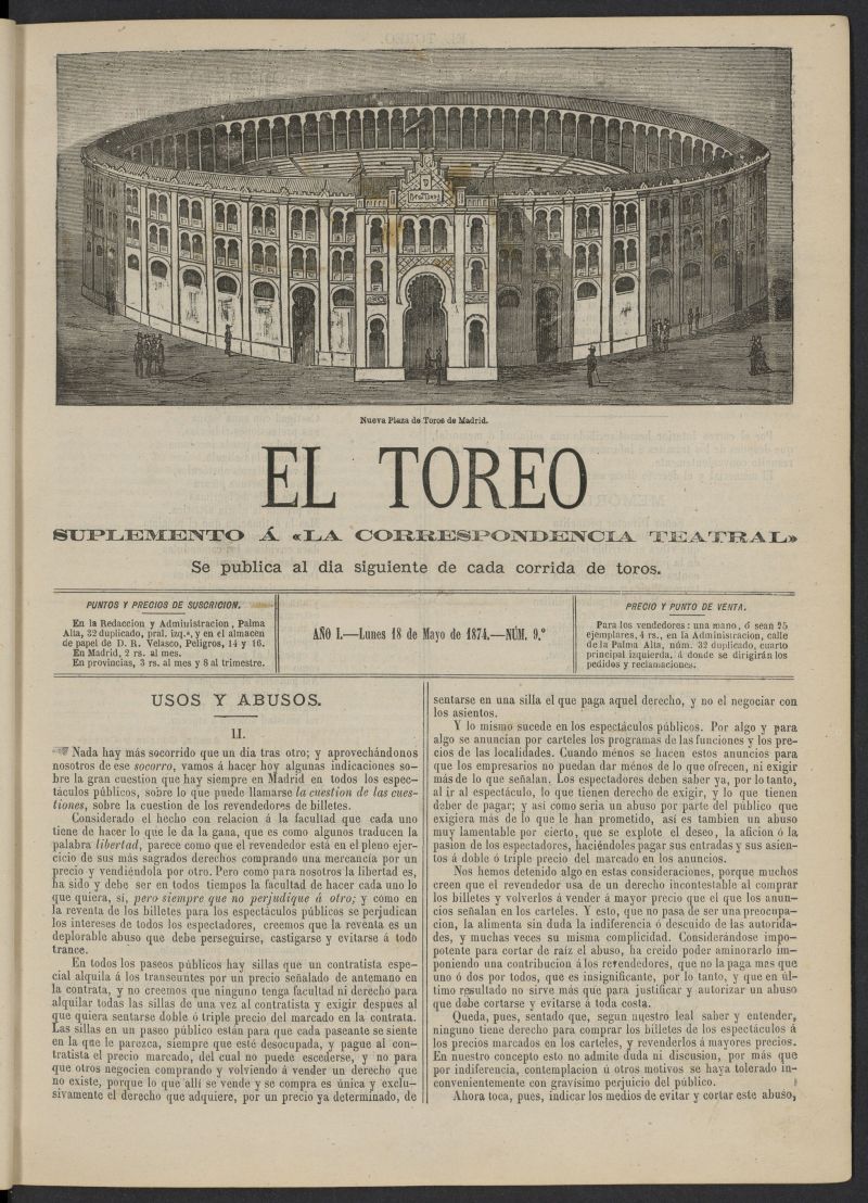 El Toreo: suplemento a "La Correspondencia Teatral" del 18 de mayo ade 1874, n 9