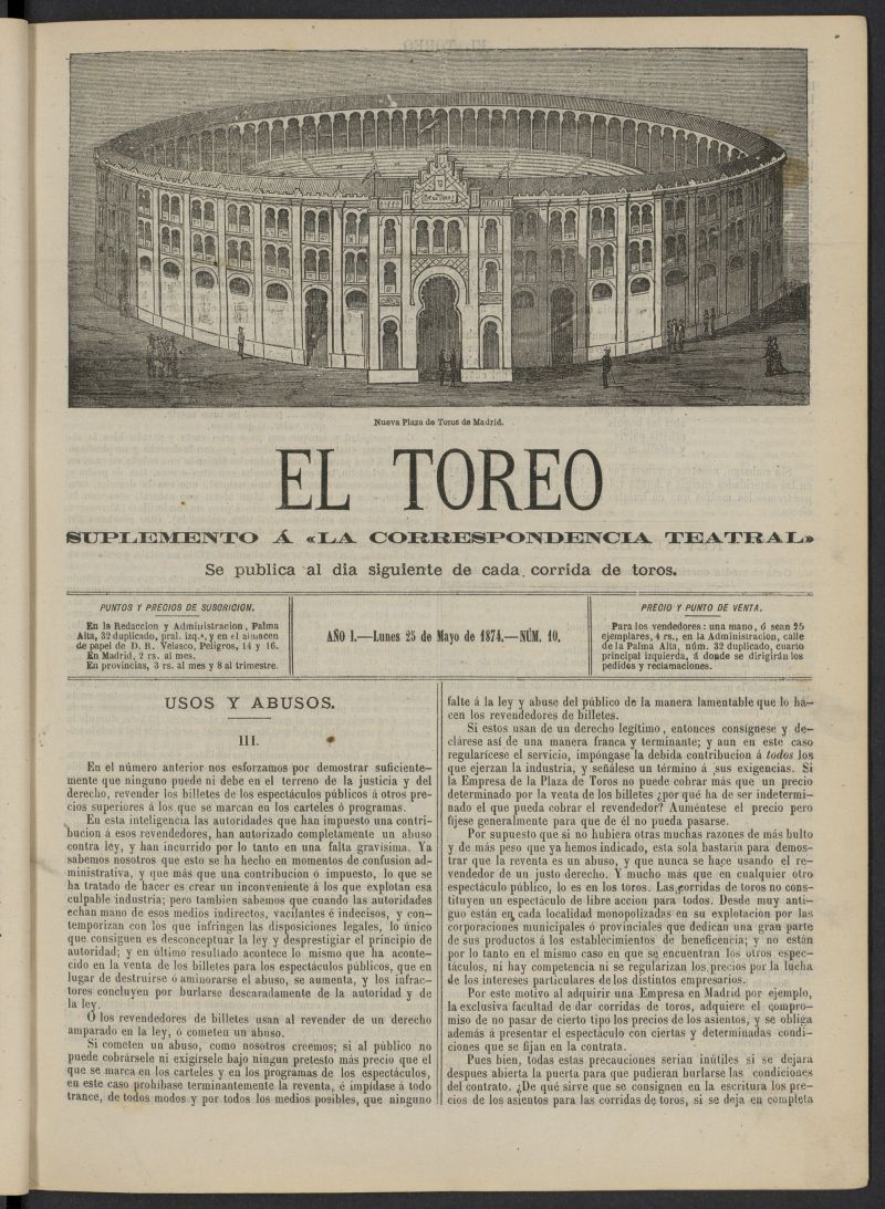 El Toreo: suplemento a "La Correspondencia Teatral" del 25 de mayo de 1874, n 10