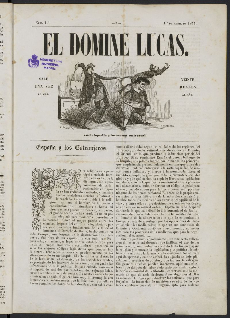 El Domine Lucas: enciclopedia pintoresca universal del 1 de abril de 1844, n 1