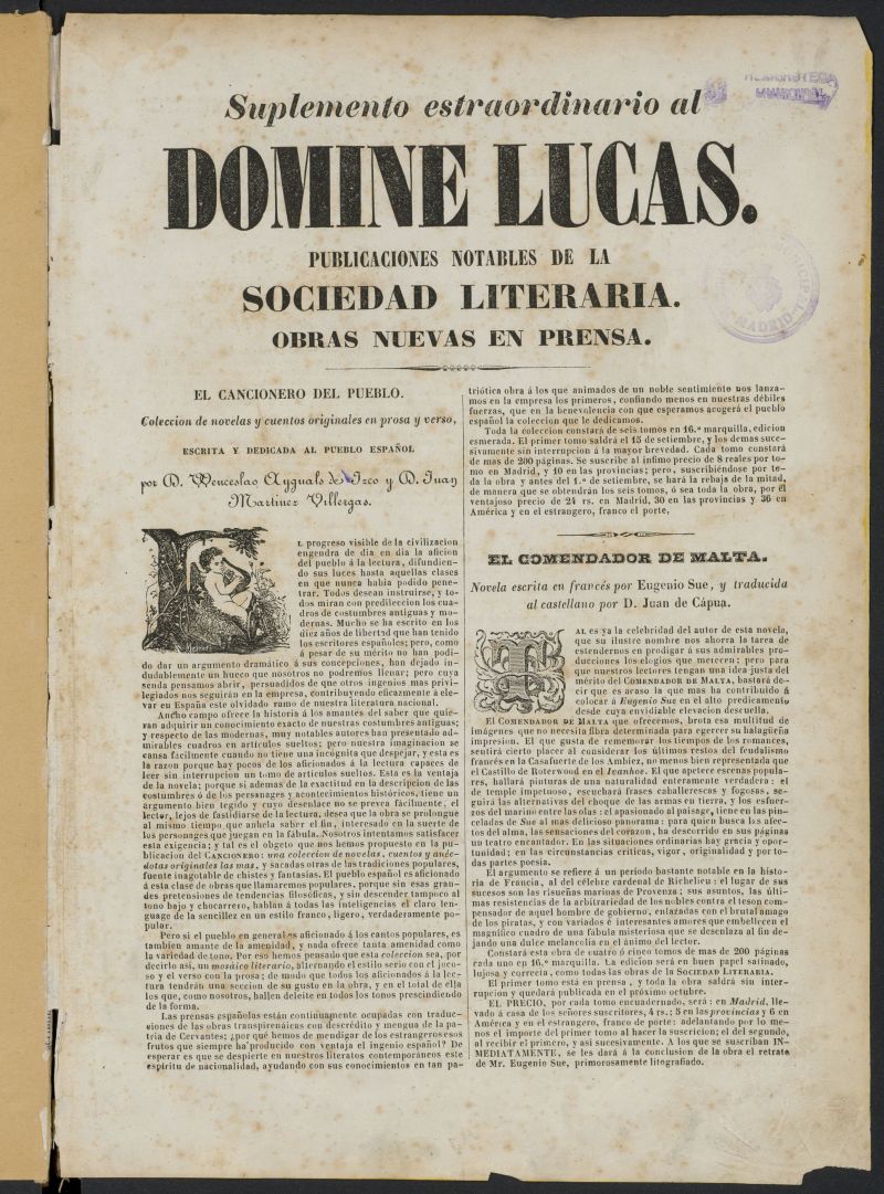 El Domine Lucas: enciclopedia pintoresca universal de 1844, suplemento extraordinario