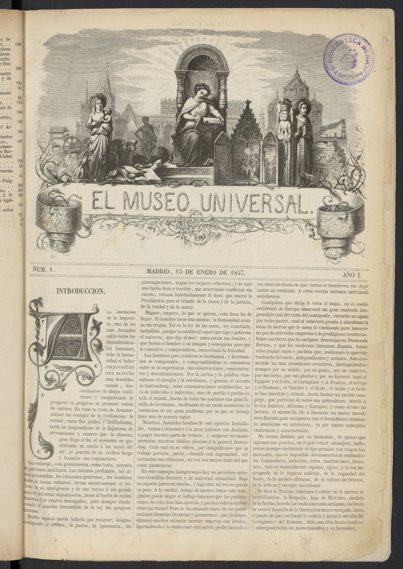 El Museo Universal : periódico de ciencias, literatura, artes, industria y conocimientos útiles del 15 de enero de 1857, nº 1