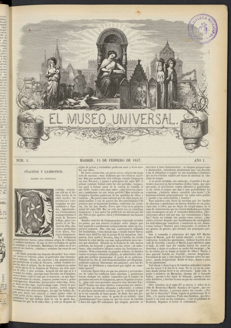 El Museo Universal : periódico de ciencias, literatura, artes, industria y conocimientos útiles del 15 de febrero de 1857, nº 3