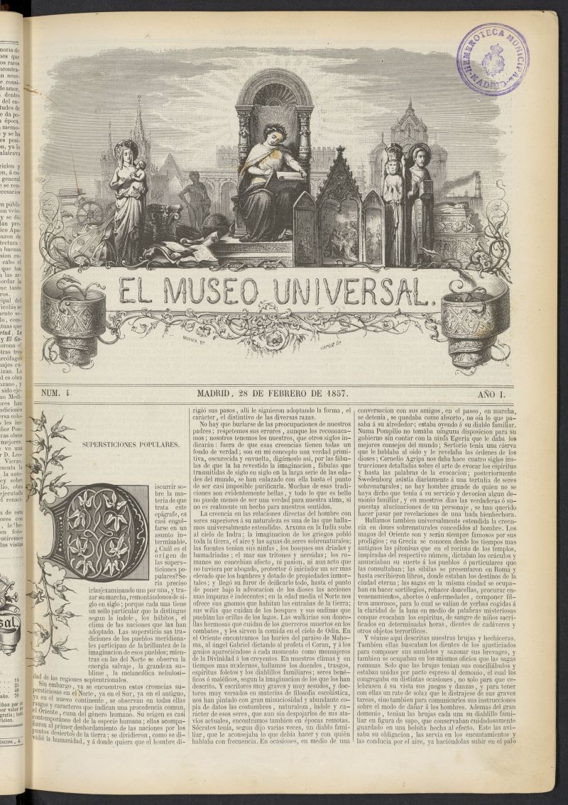 El Museo Universal : periódico de ciencias, literatura, artes, industria y conocimientos útiles del 28 de febrero de 1857, nº 4