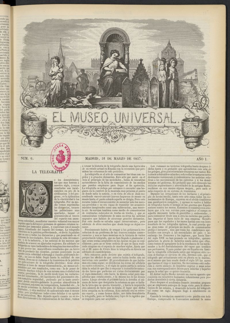 El Museo Universal : periódico de ciencias, literatura, artes, industria y conocimientos útiles del 31 de marzo de 1857, nº 6