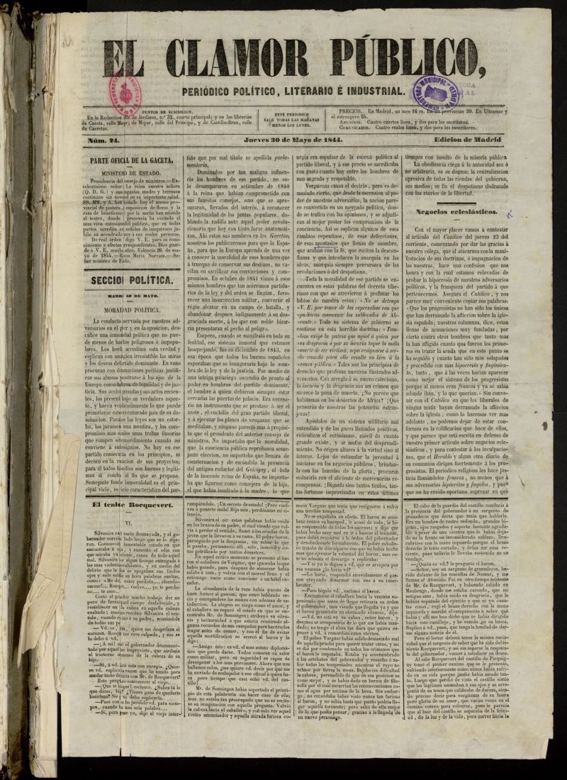 El Clamor Pblico: peridico poltico, literario e industrial del 30 de mayo de 1844, n 24