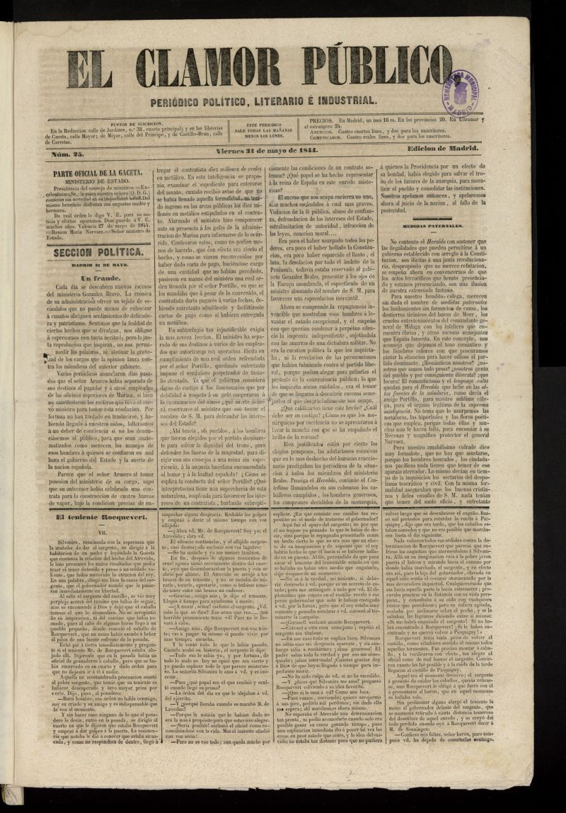 El Clamor Pblico: peridico poltico, literario e industrial del 31 de mayo de 1844, n 25