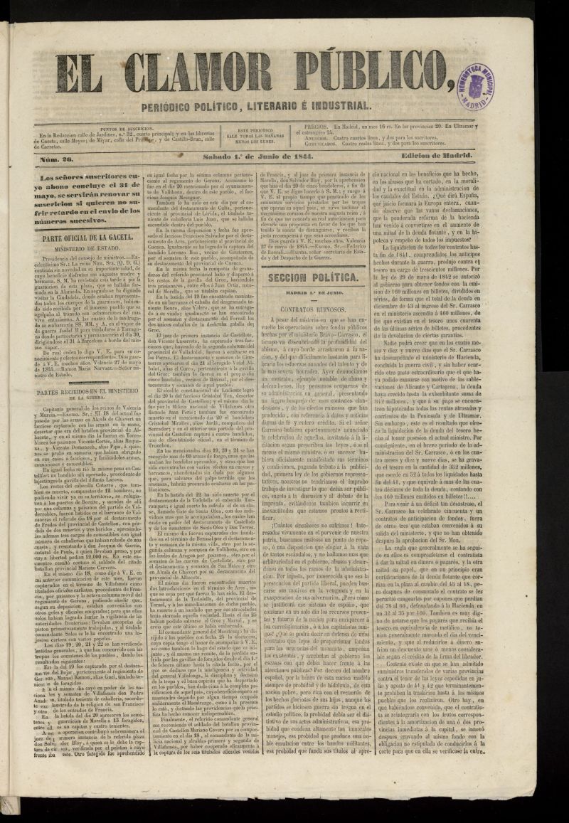 El Clamor Pblico: peridico poltico, literario e industrial del 1 de junio de 1844, n 26