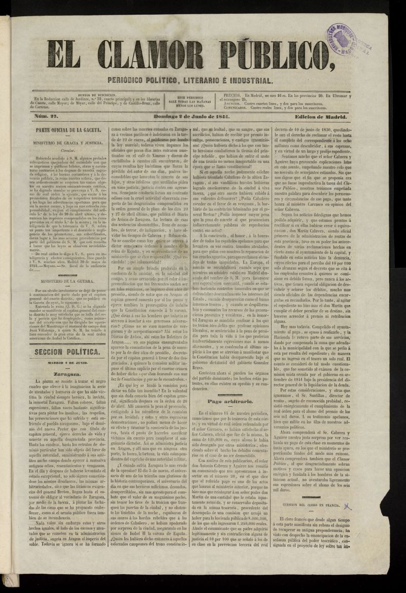 El Clamor Pblico: peridico poltico, literario e industrial del 2 de junio de 1844, n 27