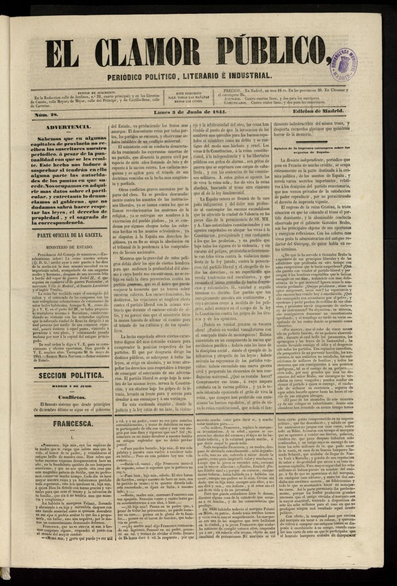 El Clamor Pblico: peridico poltico, literario e industrial del 3 de junio de 1844, n 28
