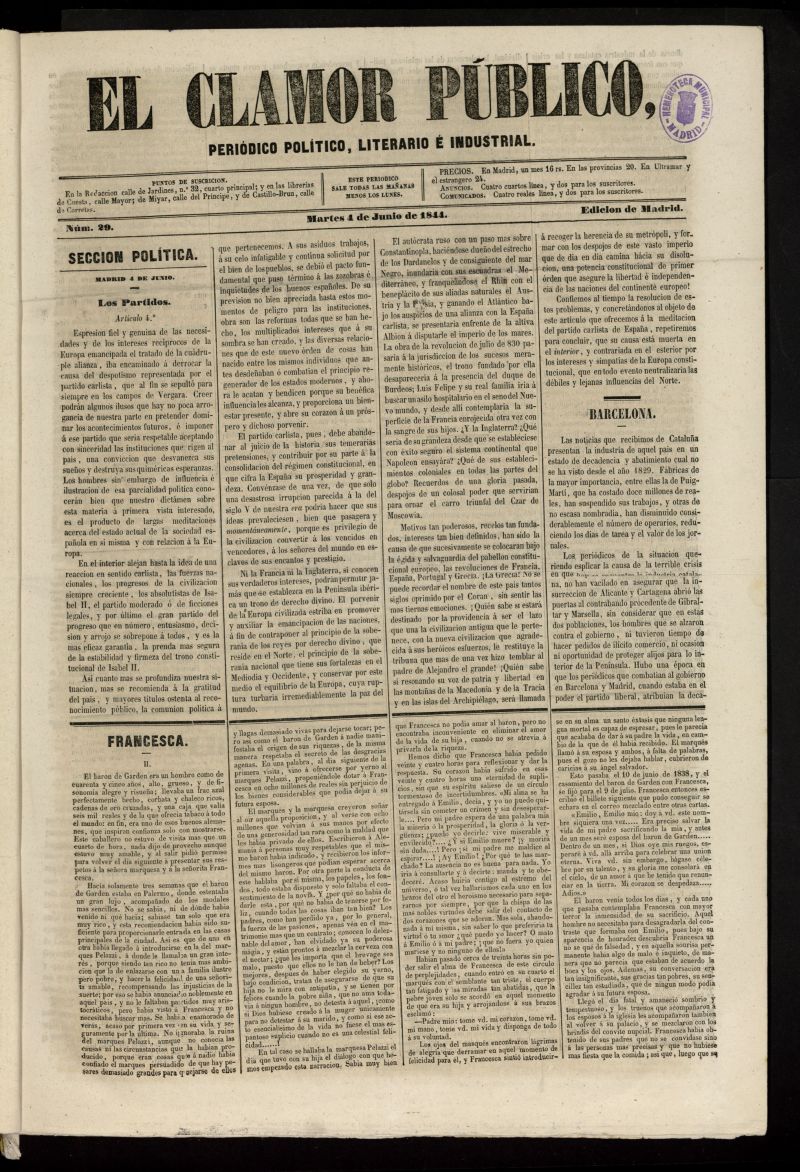 El Clamor Pblico: peridico poltico, literario e industrial del 4 de junio de 1844, n 29