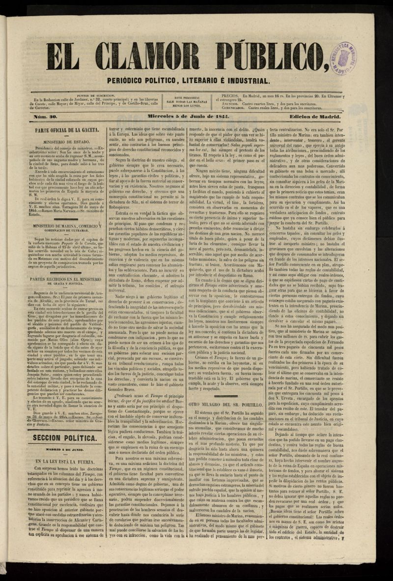El Clamor Pblico: peridico poltico, literario e industrial del 5 de junio de 1844, n 30