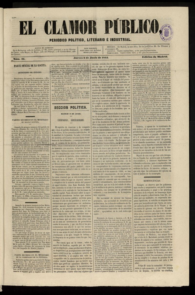El Clamor Pblico: peridico poltico, literario e industrial del 6 de junio de 1844, n 31