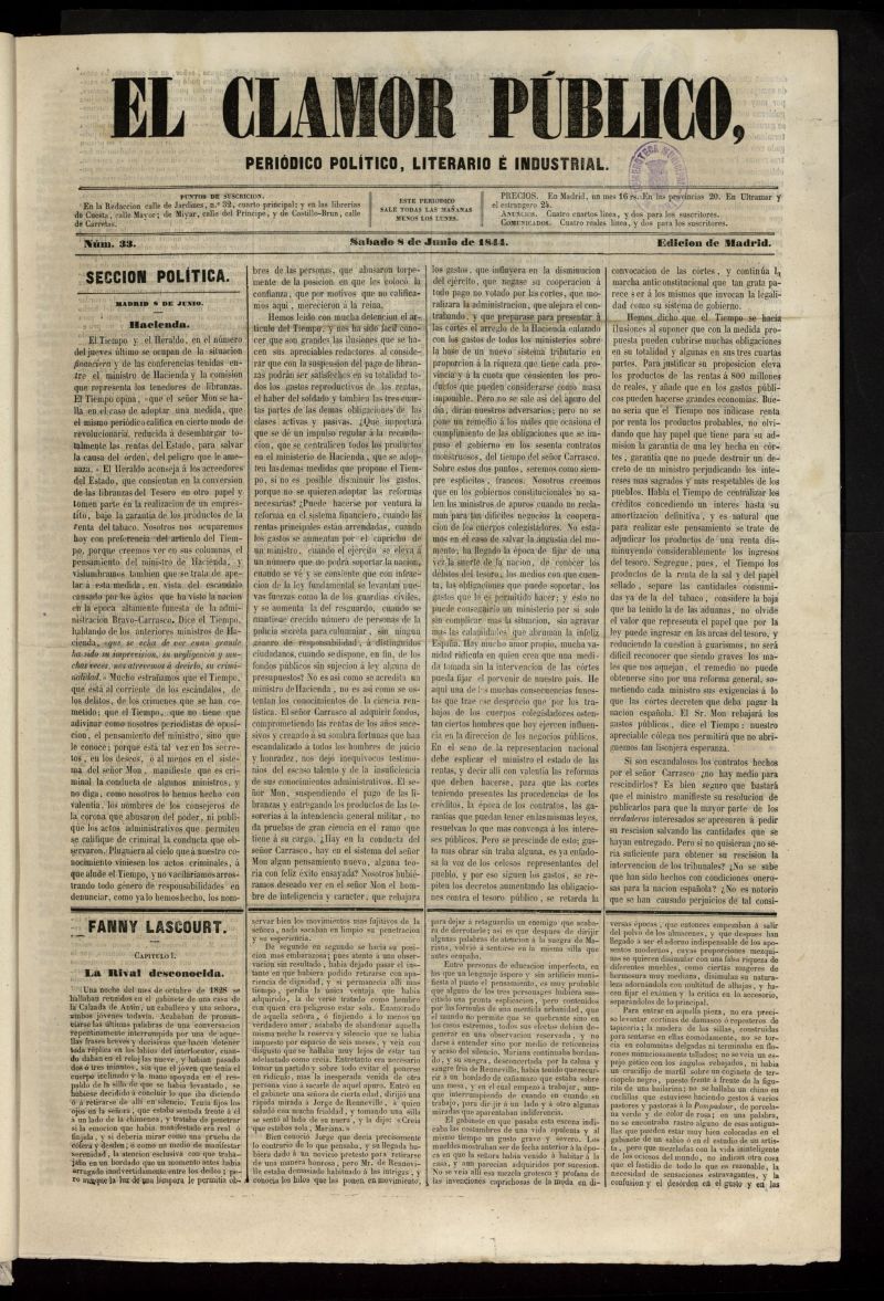 El Clamor Pblico: peridico poltico, literario e industrial del 8 de junio de 1844, n 33