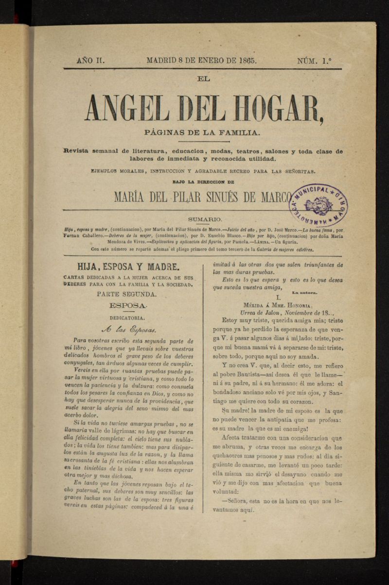 El Angel del Hogar: pginas de familia del 8 de enero de 1865, n 1