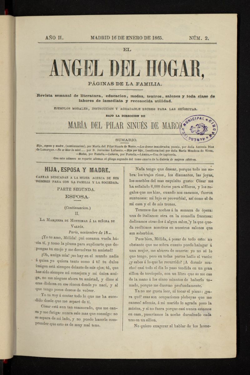El Angel del Hogar: pginas de familia del 16 de enero de 1865, n 2
