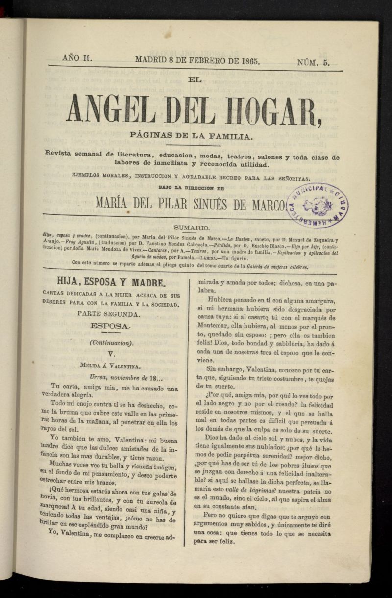 El Angel del Hogar: pginas de familia del 8 de febrero de 1865, n 5