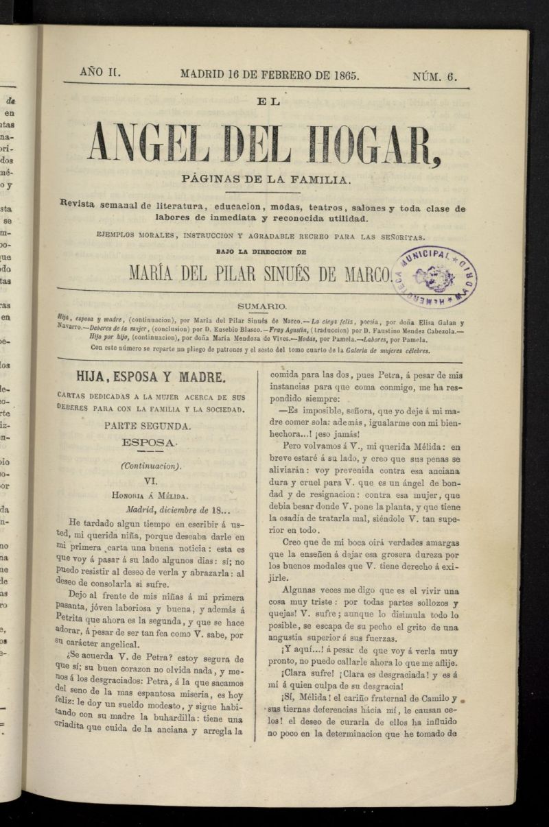 El Angel del Hogar: pginas de familia del 16 de febrero de 1865, n 6