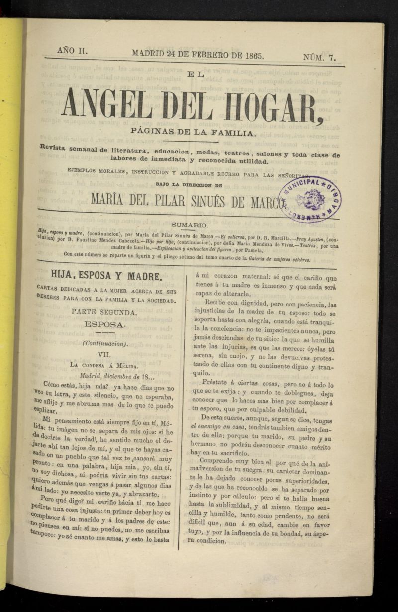 El Angel del Hogar: pginas de familia del 24 de febrero de 1865, n 7