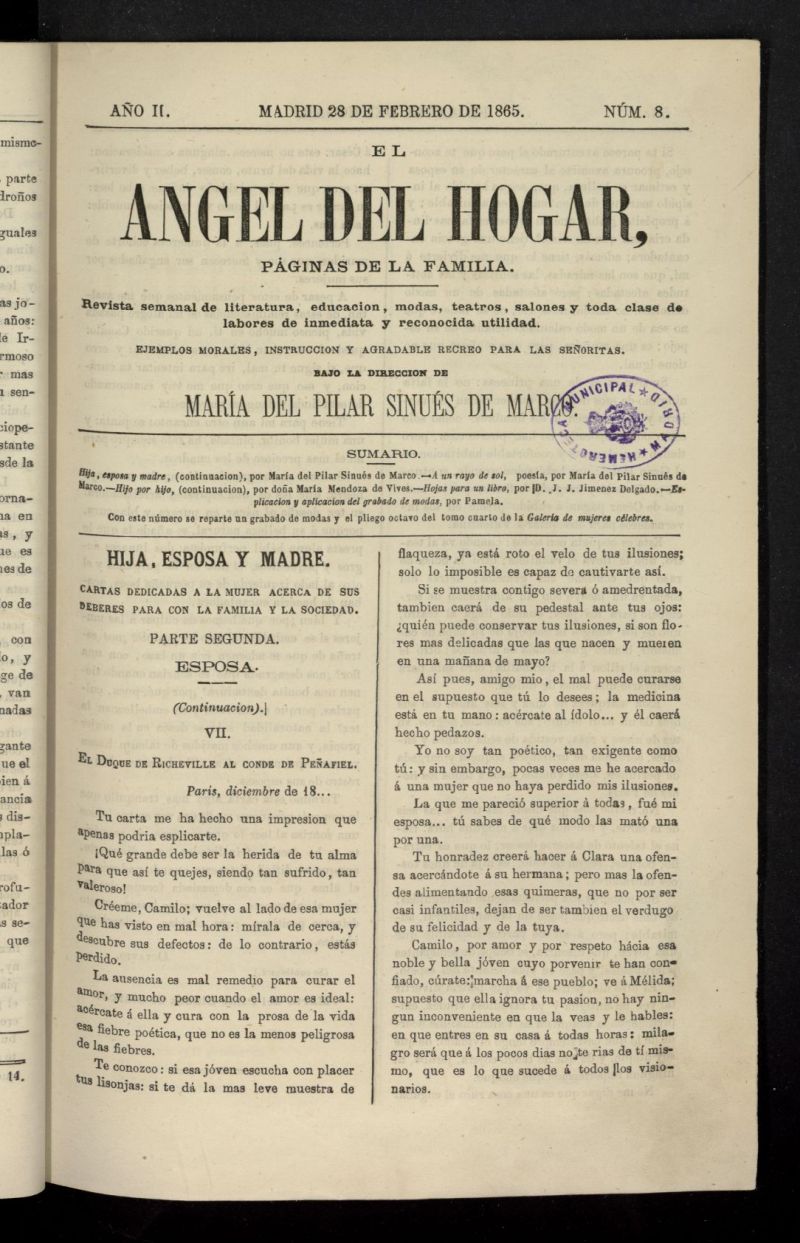 El Angel del Hogar: pginas de familia del 28 de febrero de 1865, n 8
