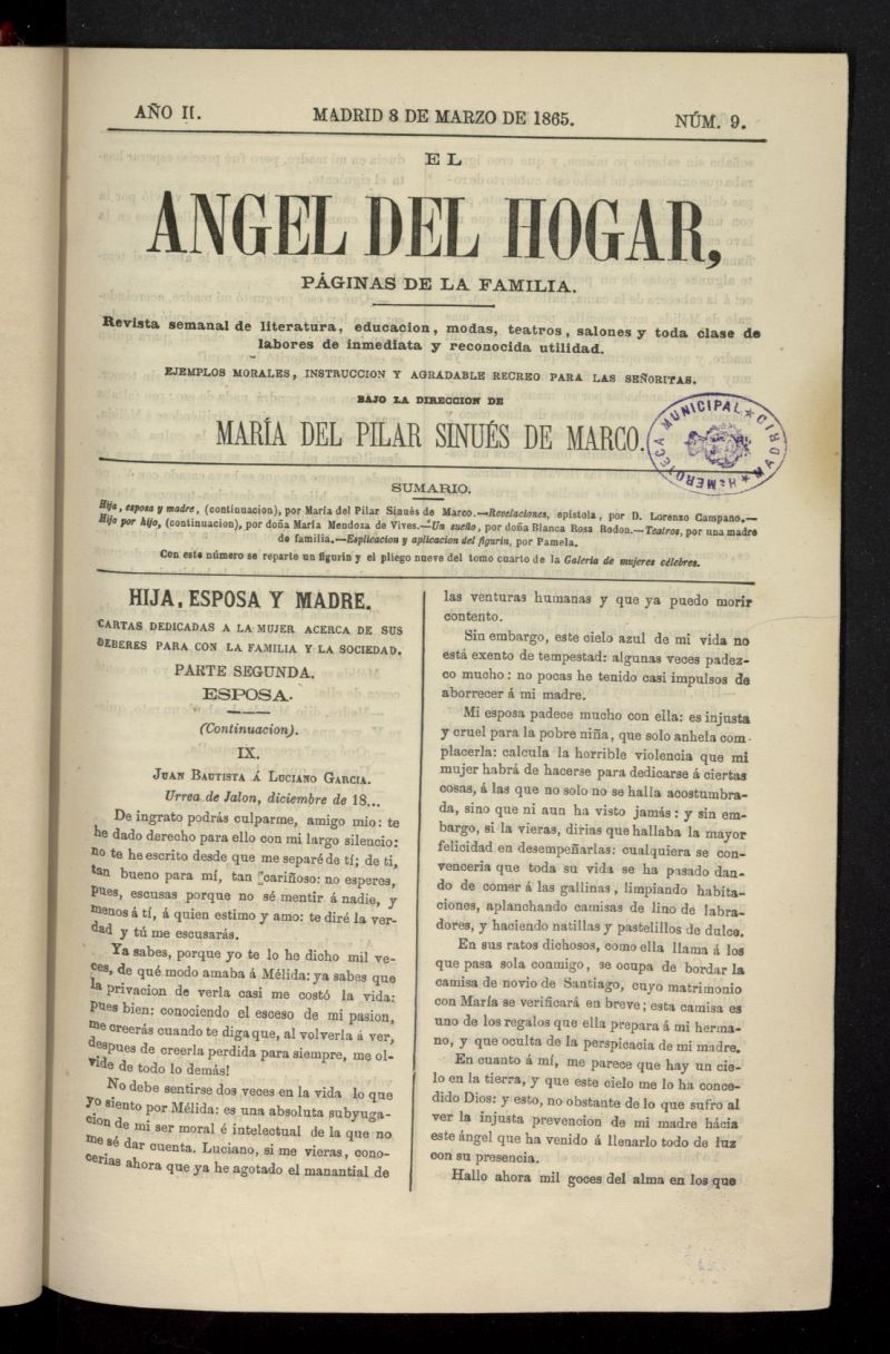 El Angel del Hogar: pginas de familia del 8 de marzo de 1865, n 9