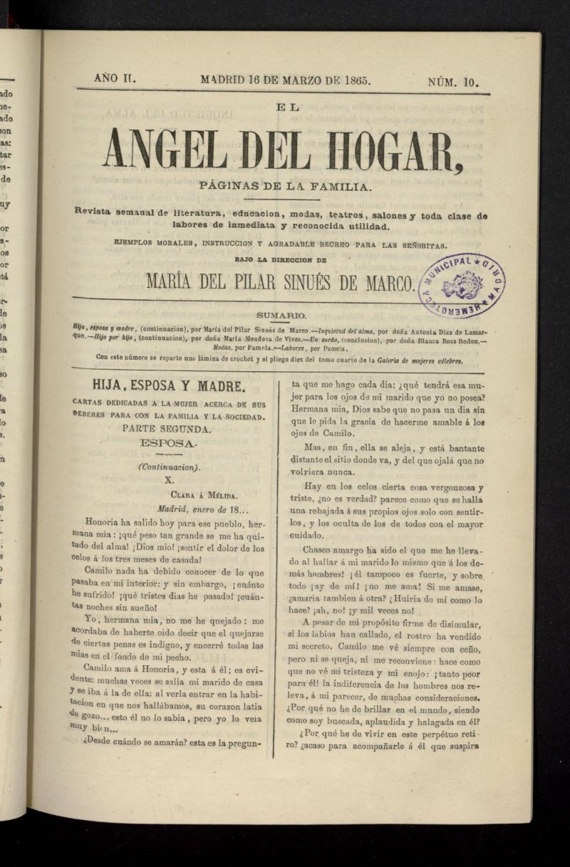 El Angel del Hogar: pginas de familia del 16 de marzo de 1865, n 10