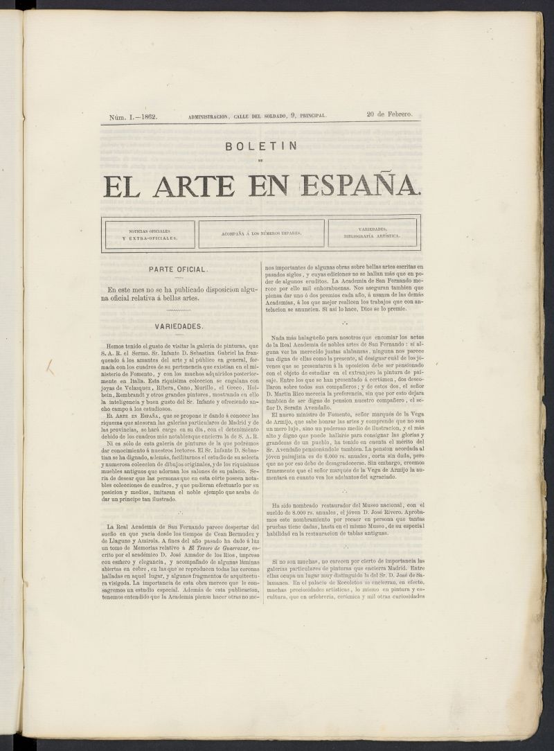 El Arte en Espaa: revista quincenal de las artes del dibujo del 20 de febrero de 1862, n 1