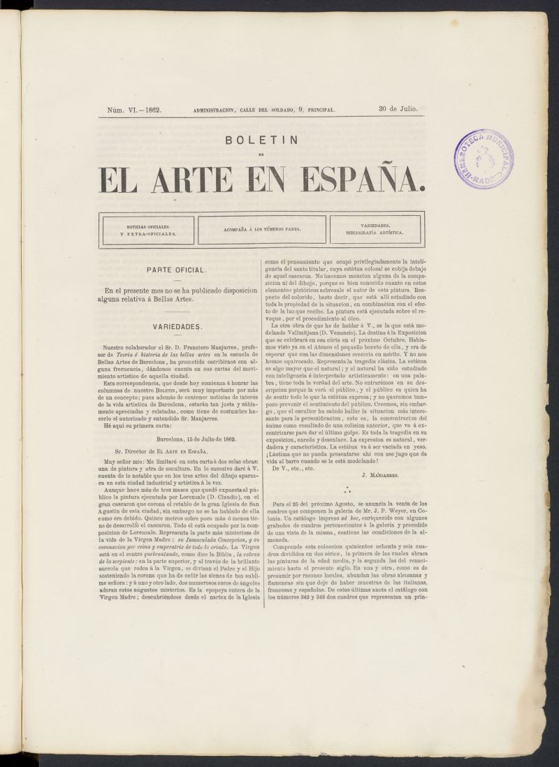 El Arte en Espaa: revista quincenal de las artes del dibujo del 30 de julio de 1862, n 6