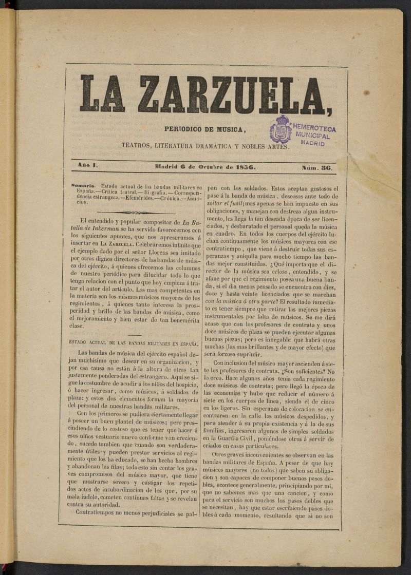 La Zarzuela : peridico de msica, teatros, literatura dramtica y nobles artes