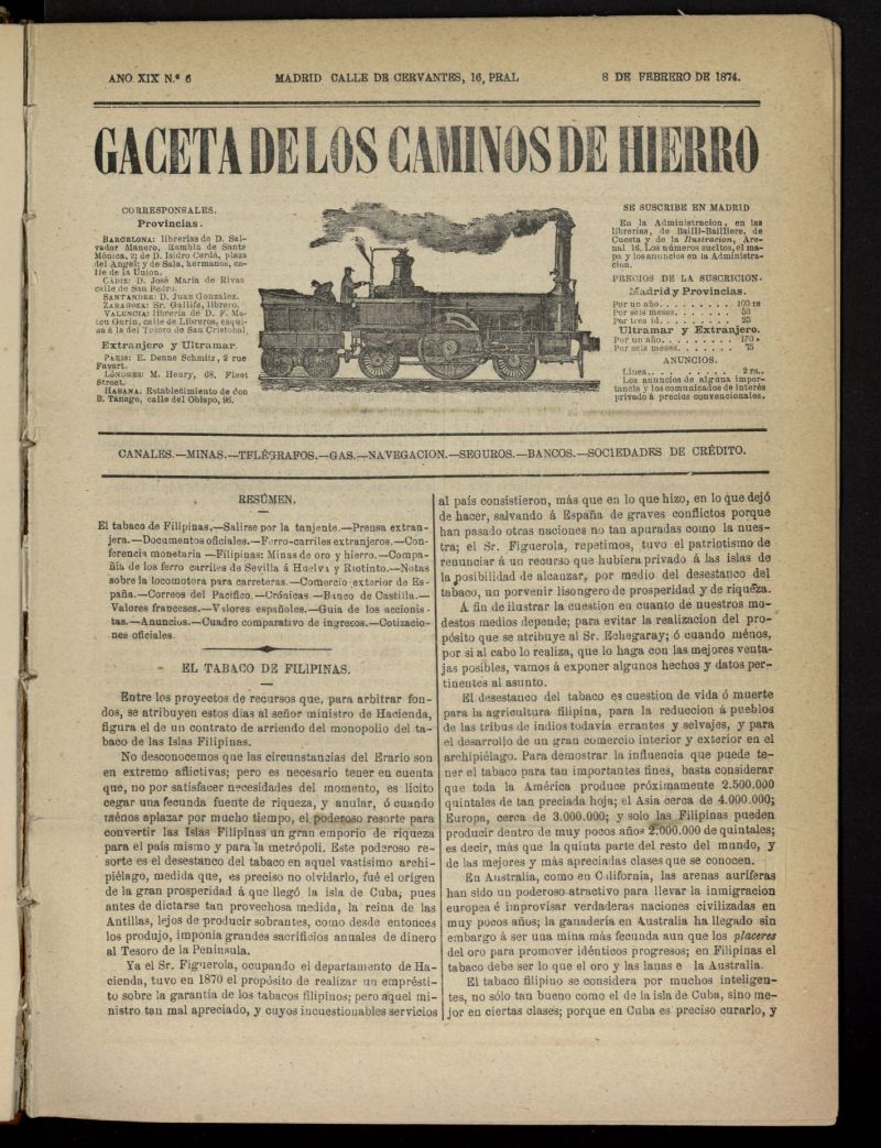 Gaceta de los Caminos de Hierro del 8 de febrero de 1874, n 6