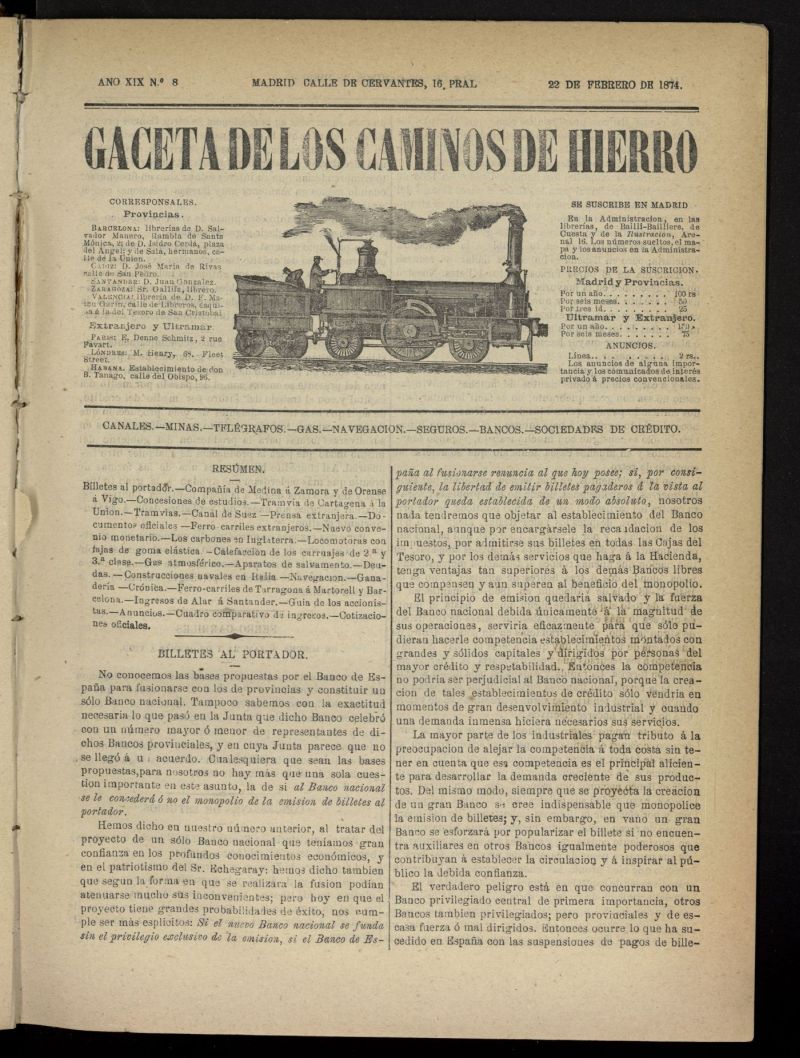Gaceta de los Caminos de Hierro del 22 de febrero de 1874, n 8