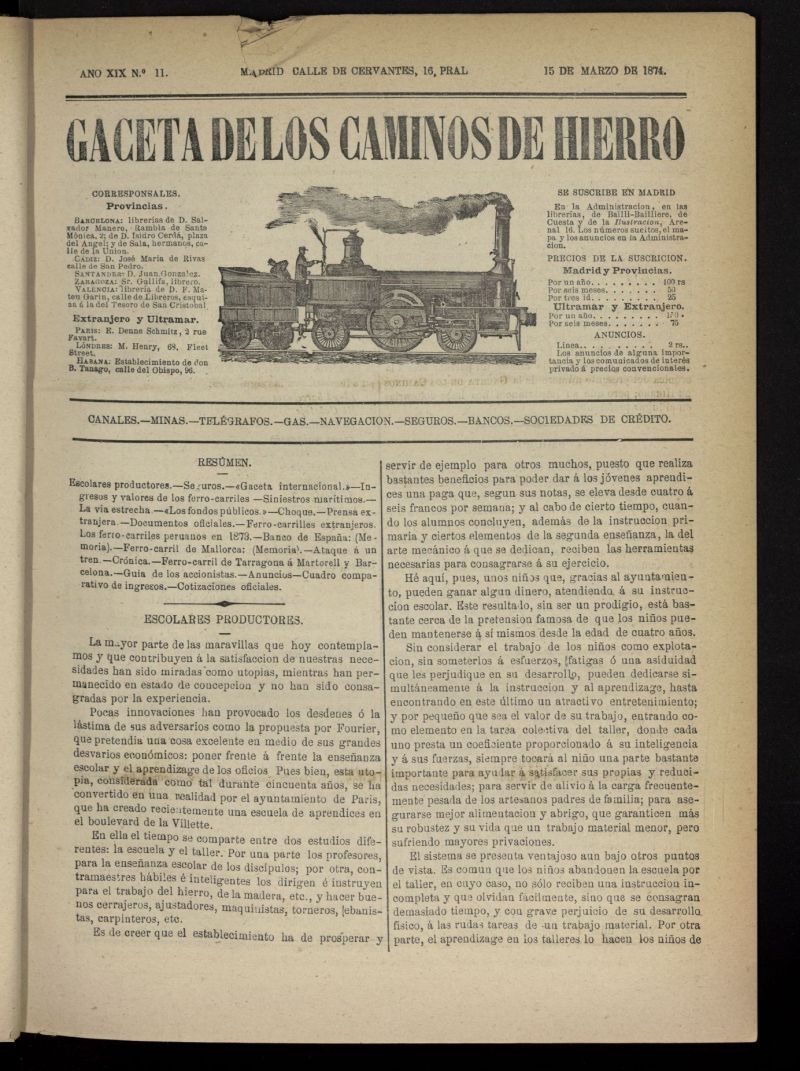 Gaceta de los Caminos de Hierro del 15 de marzo de 1874, n 11