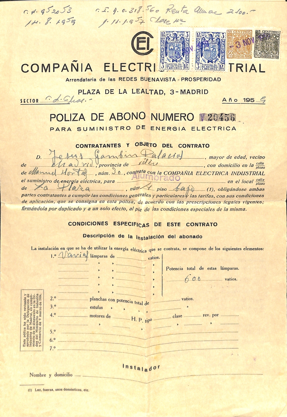 Pliza de contrato de luz de 1959