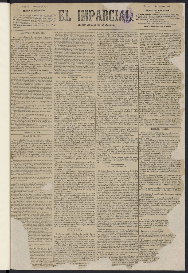 Diario El Imparcial del 1 de enero de 1869