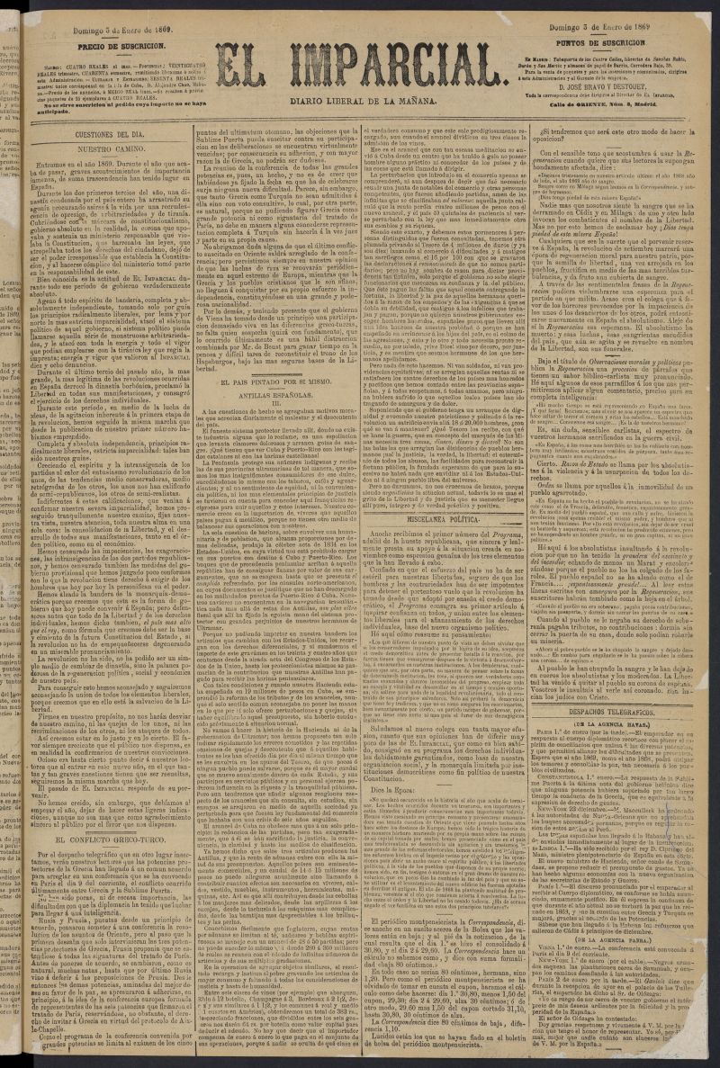 Diario El Imparcial del 3 de enero de 1869