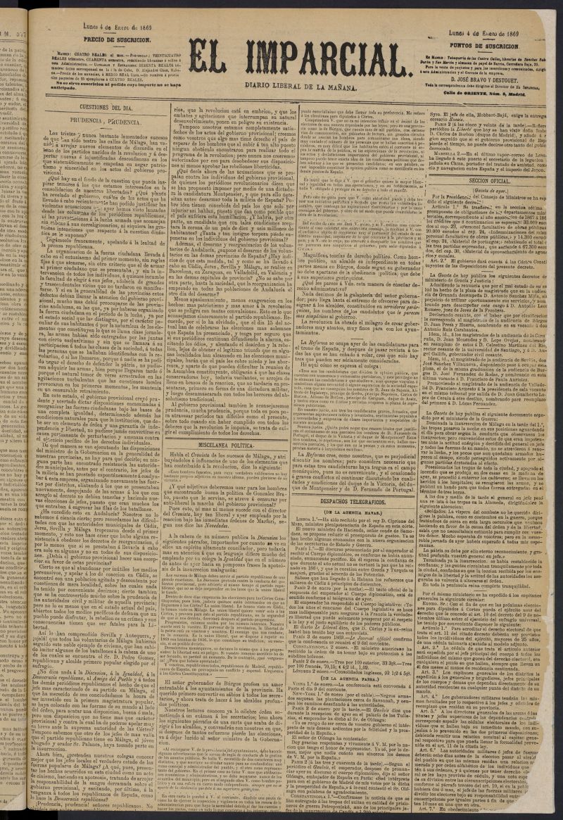 Diario El Imparcial del 4 de enero de 1869