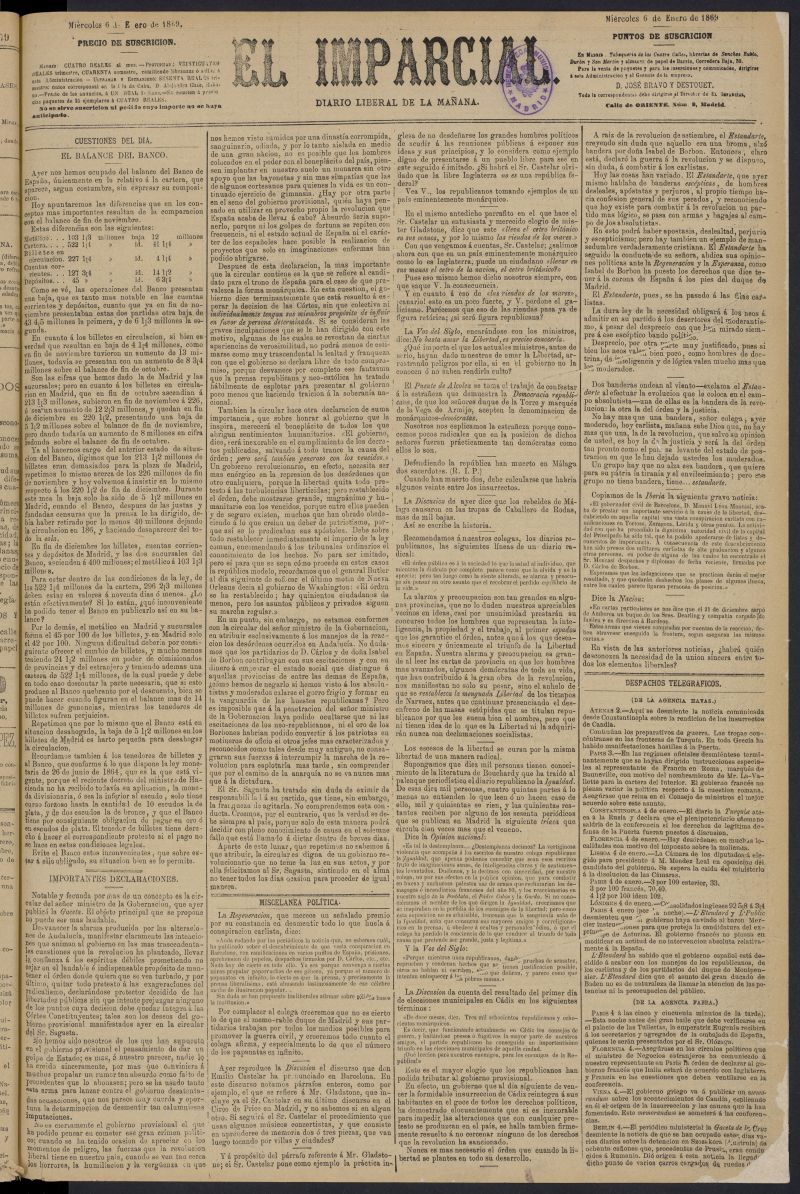 Diario El Imparcial del 6 de enero de 1869