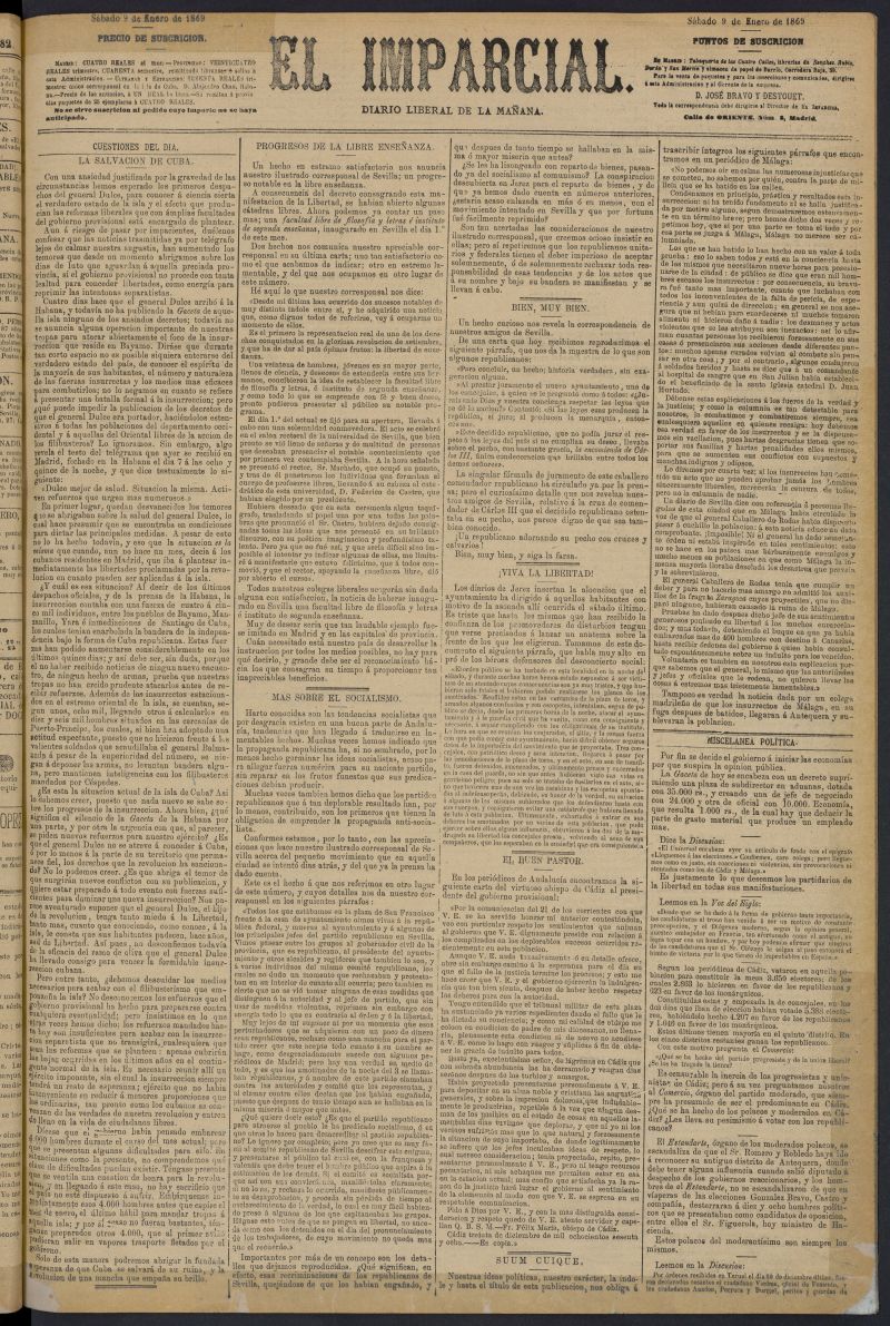 Diario El Imparcial del 9 de enero de 1869