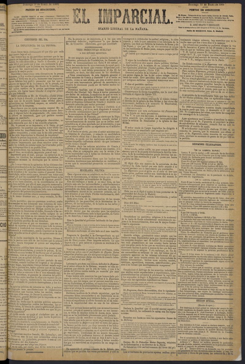 Diario El Imparcial del 10 de enero de 1869