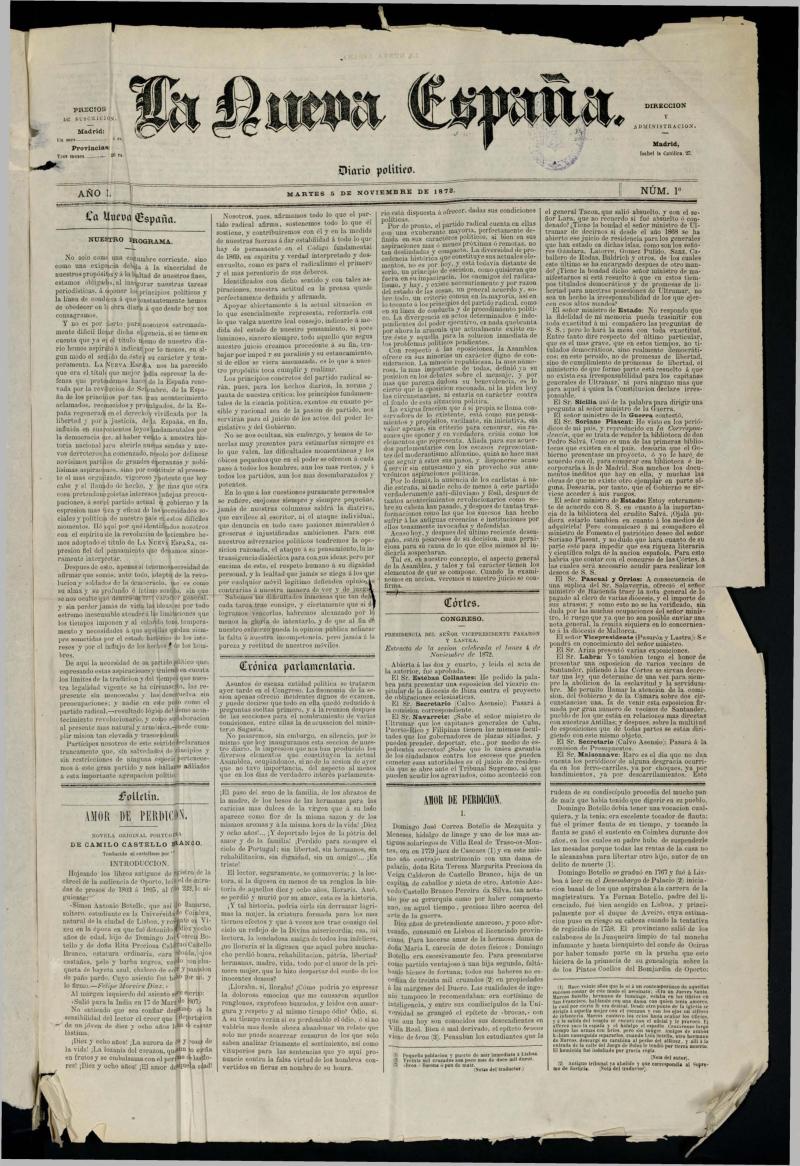 Diario Político La Nueva España del 5 de noviembre de 1872