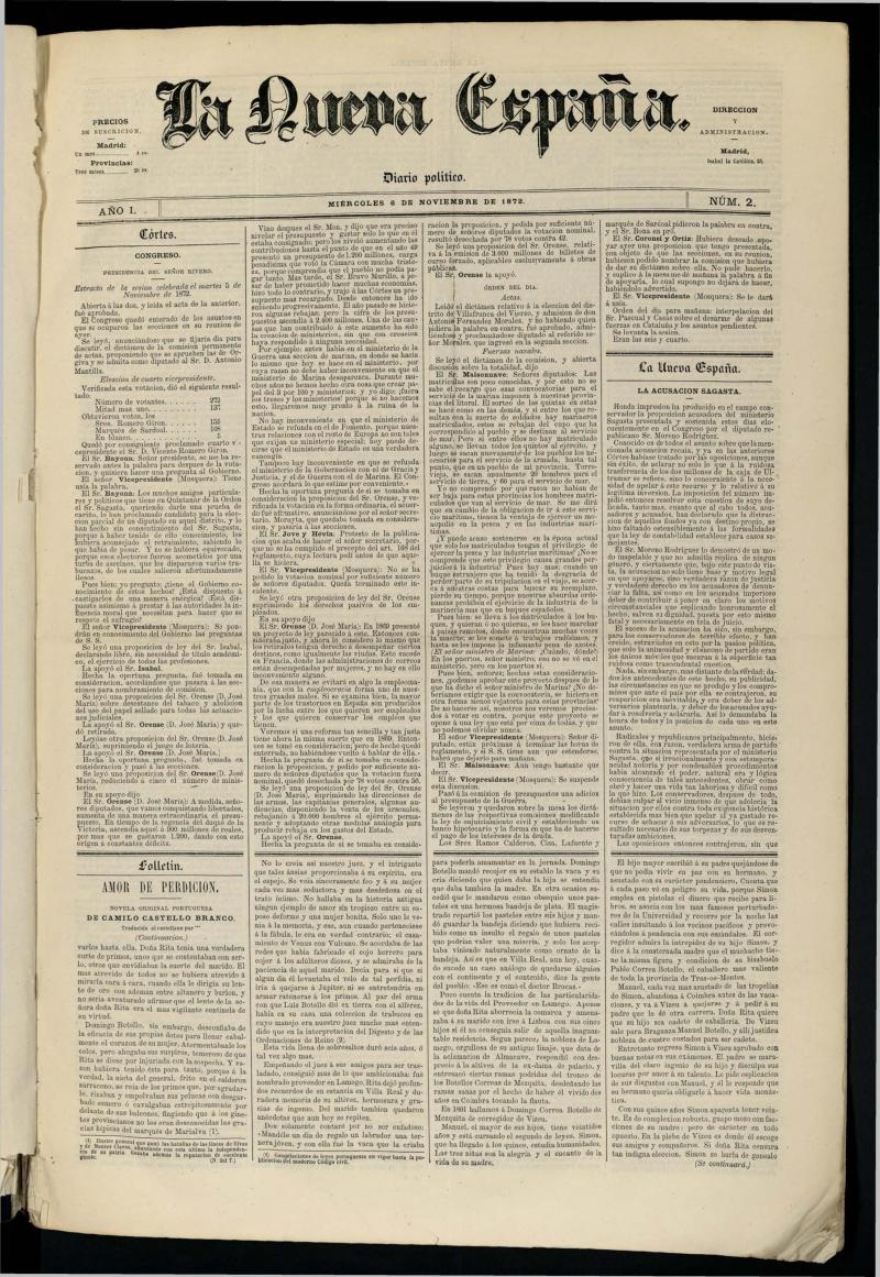 Diario Político La Nueva España del 6 de noviembre de 1872