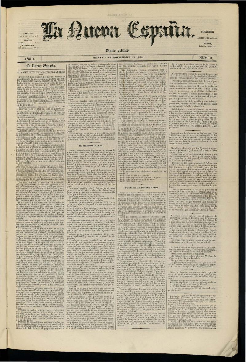 Diario Político La Nueva España del 7 de noviembre de 1872