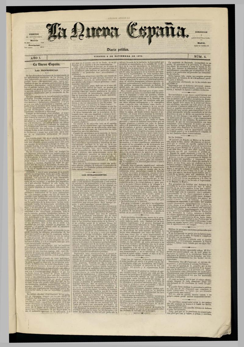 Diario Político La Nueva España del 8 de noviembre de 1872