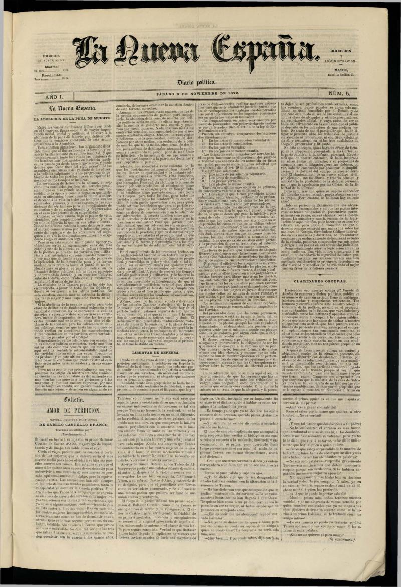 Diario Político La Nueva España del 9 de noviembre de 1872