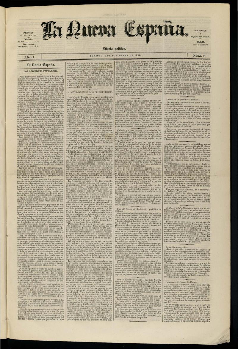Diario Político La Nueva España del 10 de noviembre de 1872