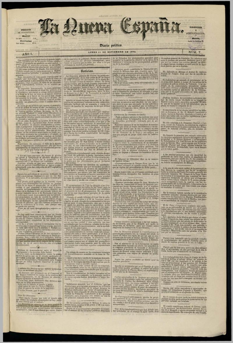 Diario Político La Nueva España del 11 de noviembre de 1872