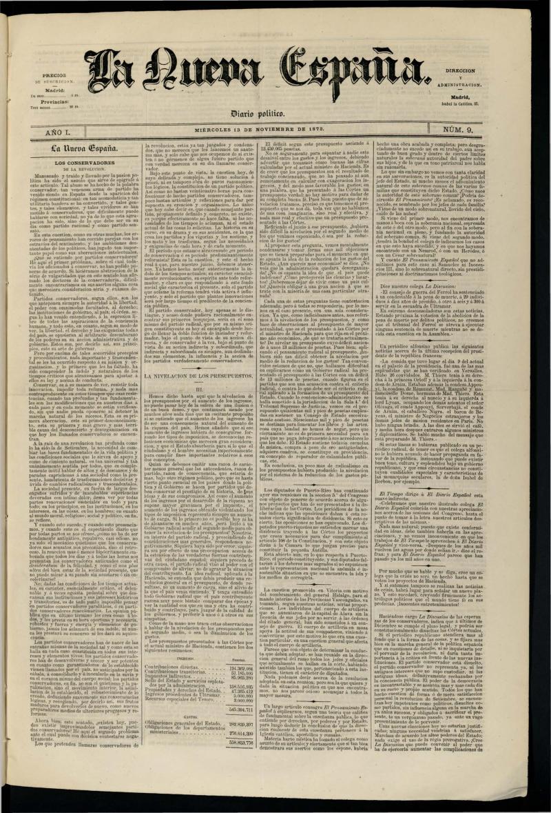 Diario Político La Nueva España del 13 de noviembre de 1872