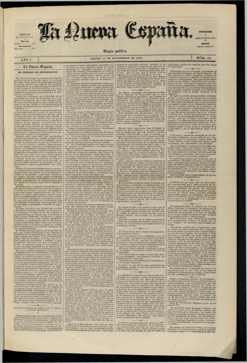 Diario Político La Nueva España del 14 de noviembre de 1872