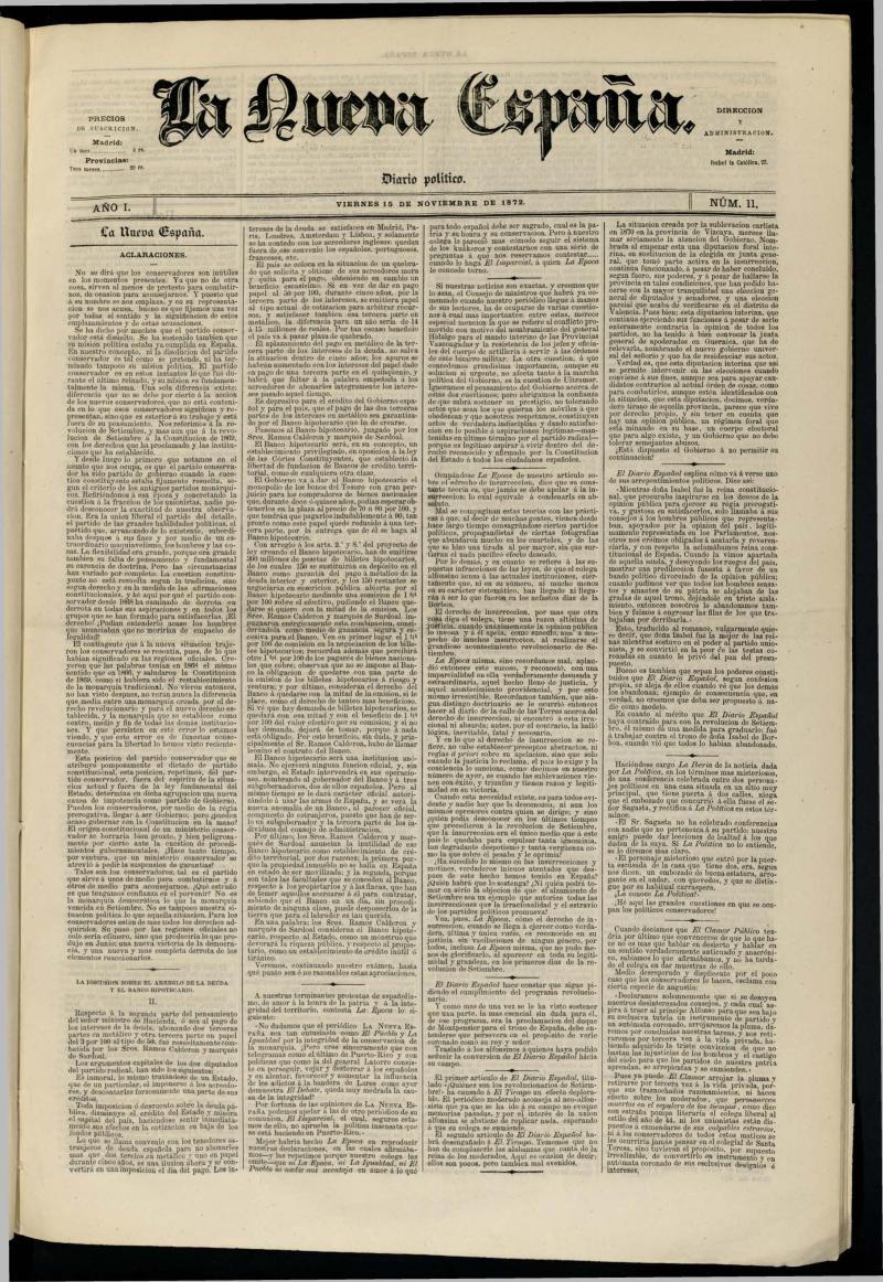 Diario Político La Nueva España del 15 de noviembre de 1872